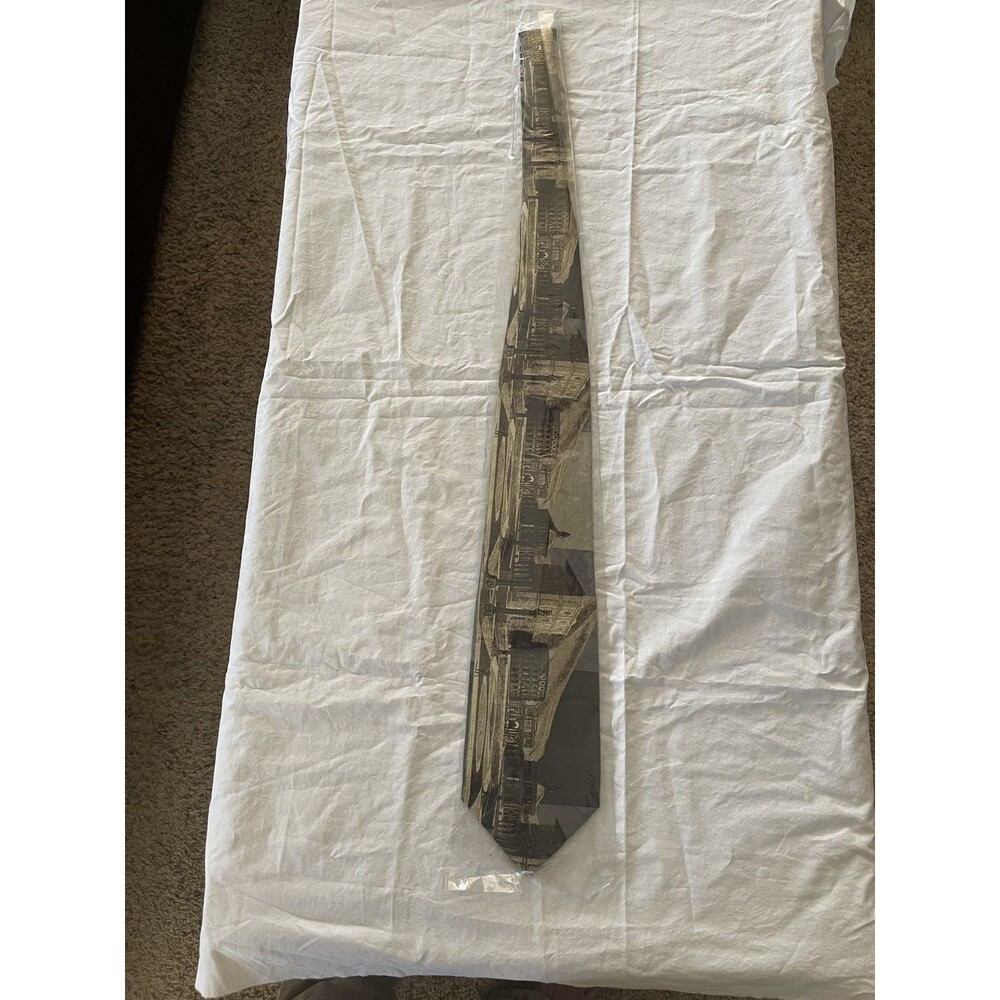 New Vintage Dead Stock 1980’s Claude Montana 100% Silk Tie Italian City in Taupe